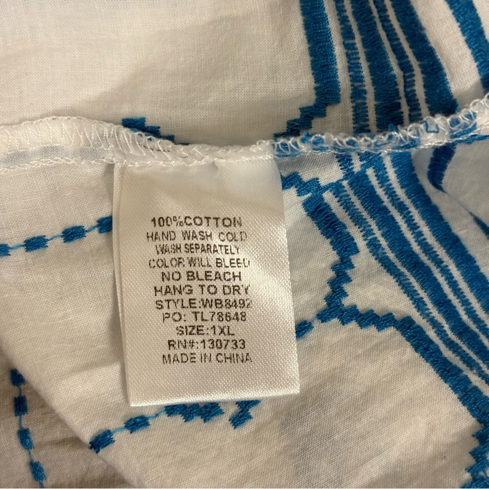 Umgee USA Plus 1XL White & Blue Embroidered Peasant Blouse - Picture 6 of 7